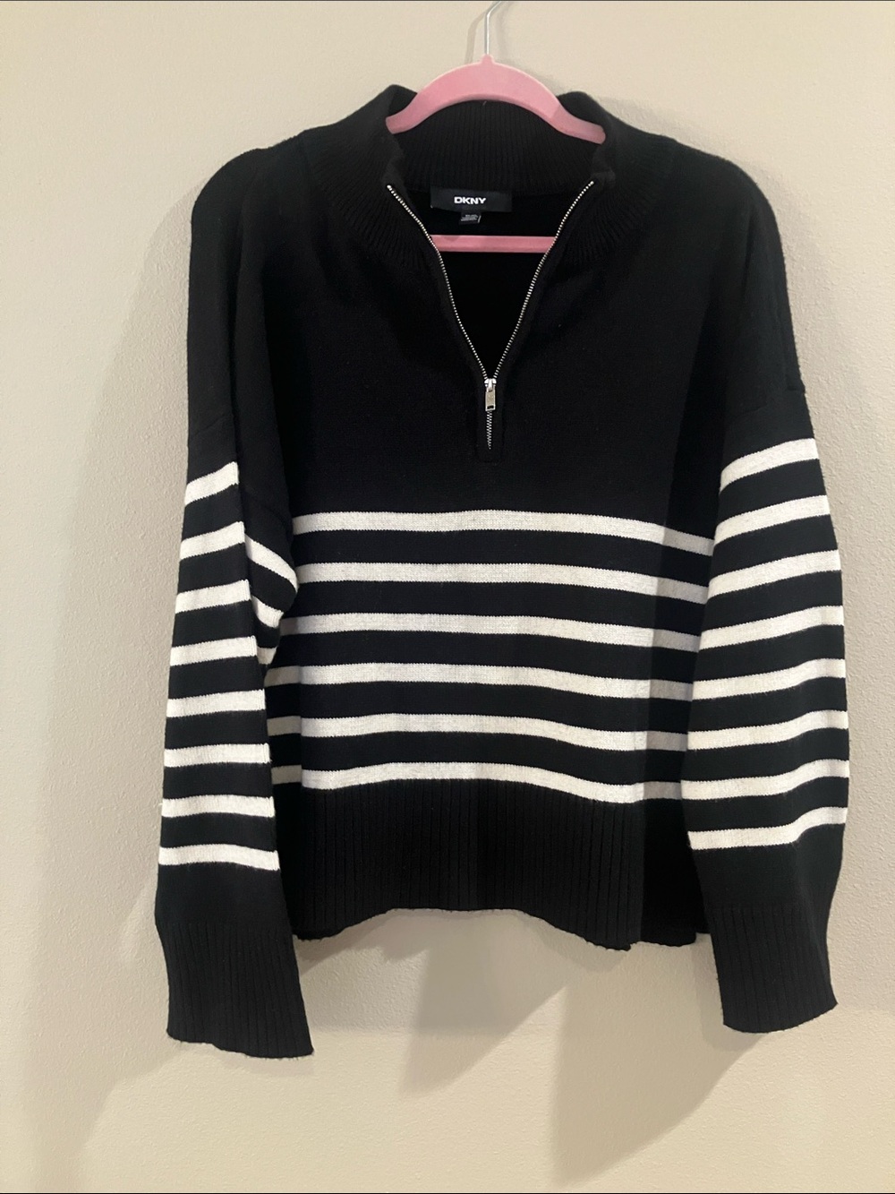 DKNY Black & White Striped Half-Zip Turtleneck Sweater